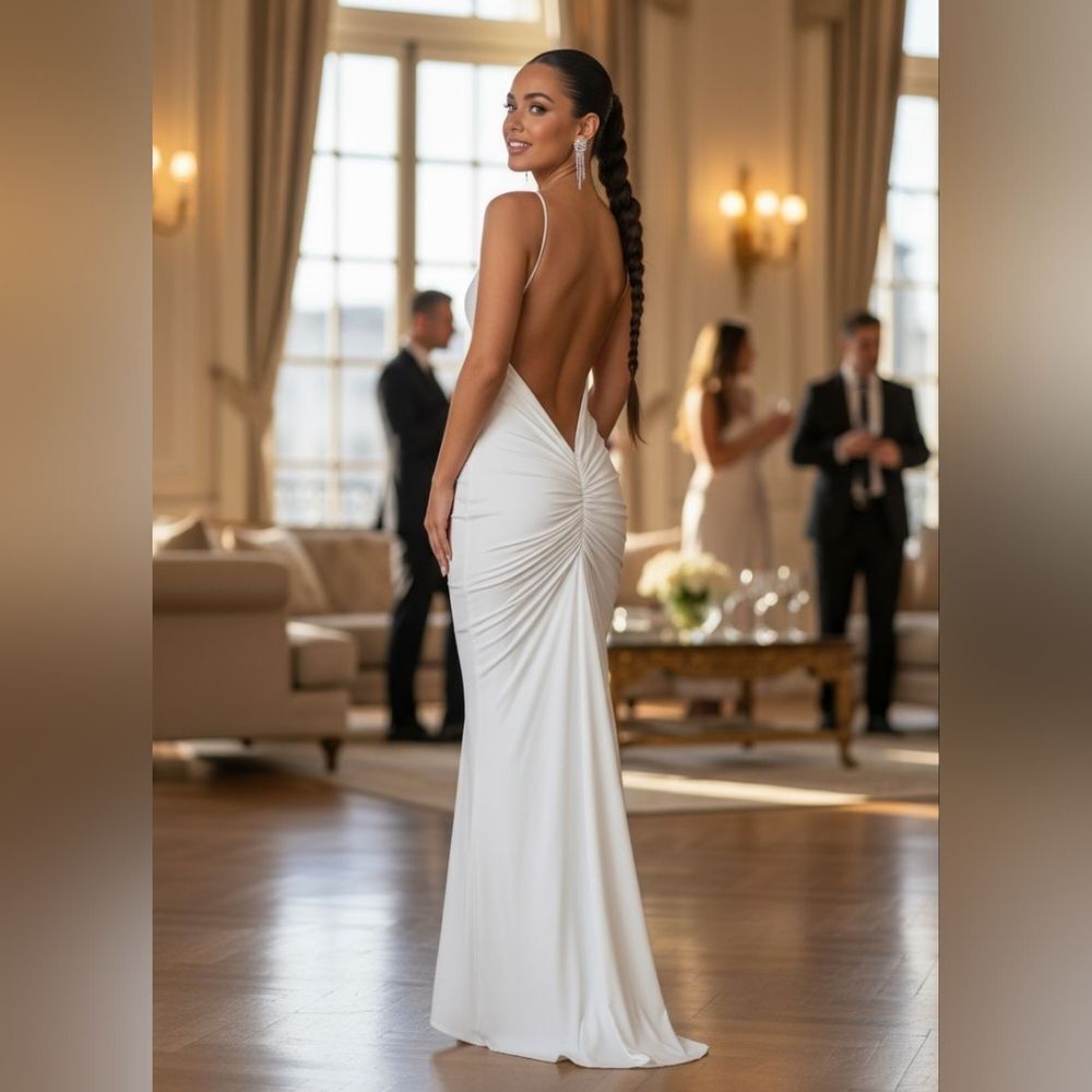 White Backless Plunge Gown